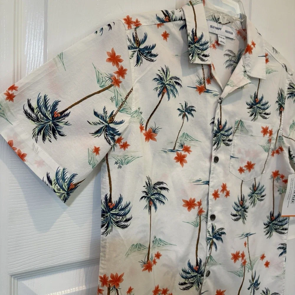 NWOT Boys XLarge 14-16 OLD NAVY Button Down Palm Tree Beach‎ Shirt White Cotton